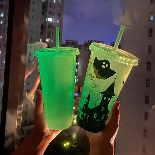 Halloween party cup with straw – glowing drinking cup for Halloween drinks & decoration