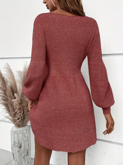 Women's knitted dress elegant with balloon sleeves and round neckline – perfect for everyday and leisure