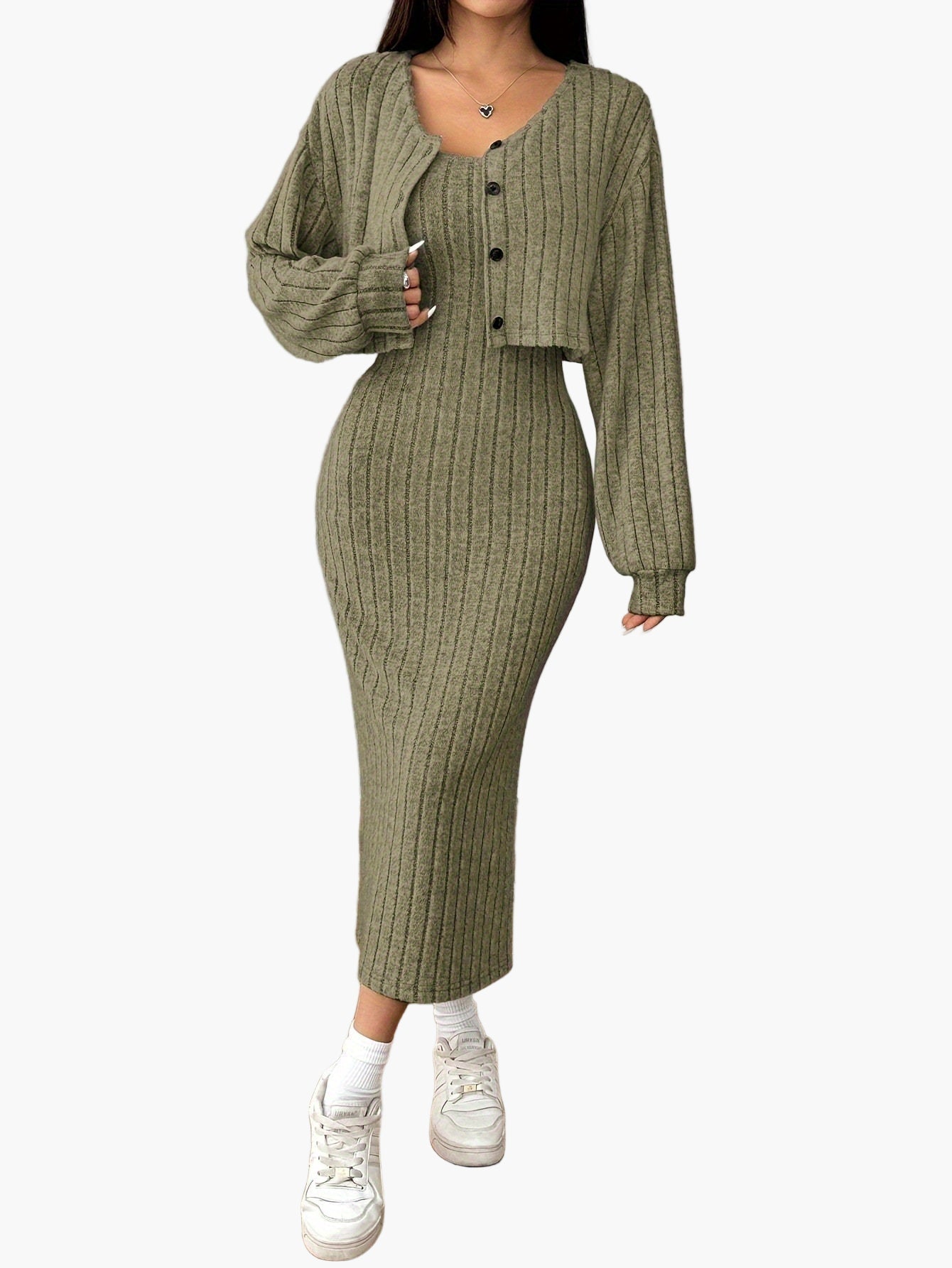Women's Knit Two-Piece Set Elegant with Button Placket – Cardigan and Midi Dress, Perfect for Everyday and Office