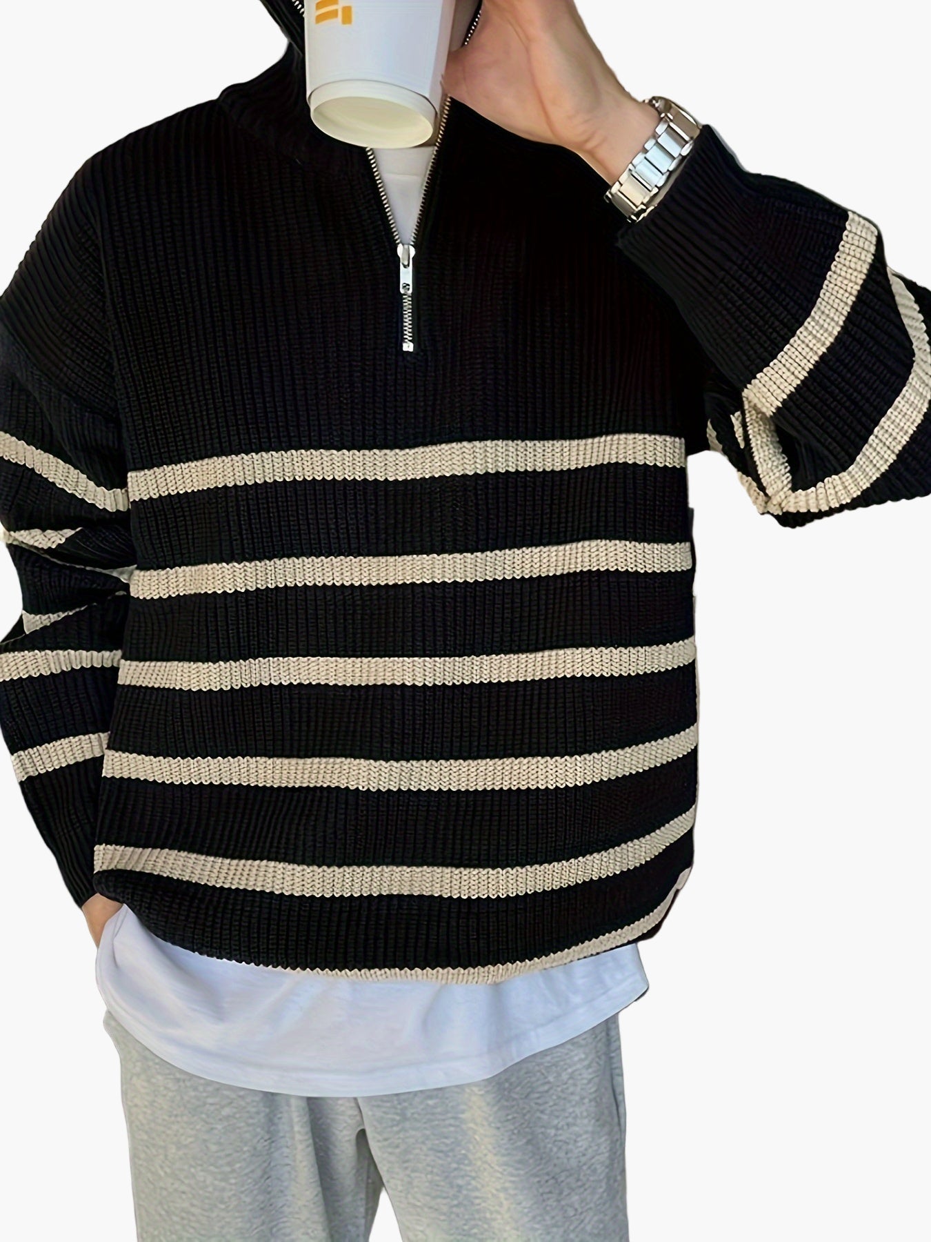 Herren Strickpullover mit Reißverschluss, gestreifter Casual Look für Herbst und Winter
