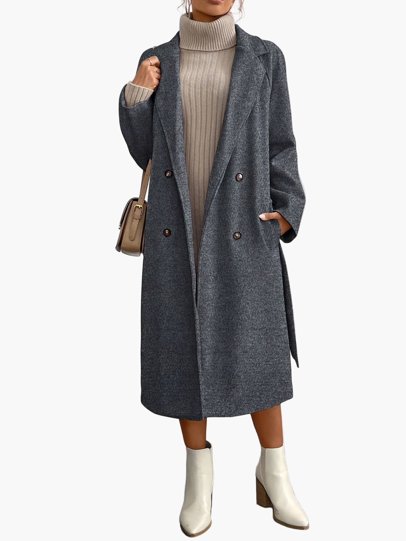 Women's Elegant Winter Coat with Belt and Pockets – Long Double-Breasted Transitional Coat for Autumn and Winter