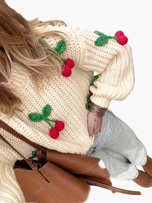 Damen Strickpullover mit Kirschen-Stickerei und Ballonärmeln – Verspielter Herbst/Winter Casual Look