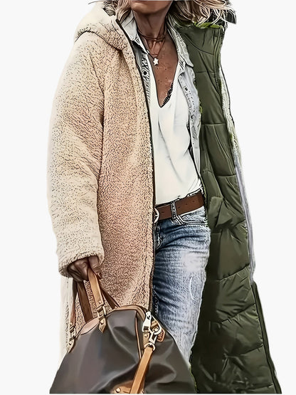Women's Long Quilted Jacket with Hood and Teddy Lining – Fashionable Winter Coat for Leisure and Travel