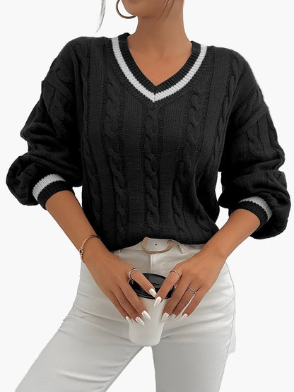 Damen Eleganter Strickpullover mit V-Ausschnitt und Zopfmuster – Perfekt für Büro & Freizeit