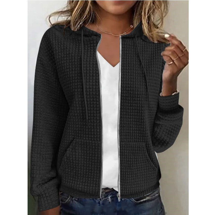 Linda – Langer Damen Cardigan mit Reißverschluss und Kapuze