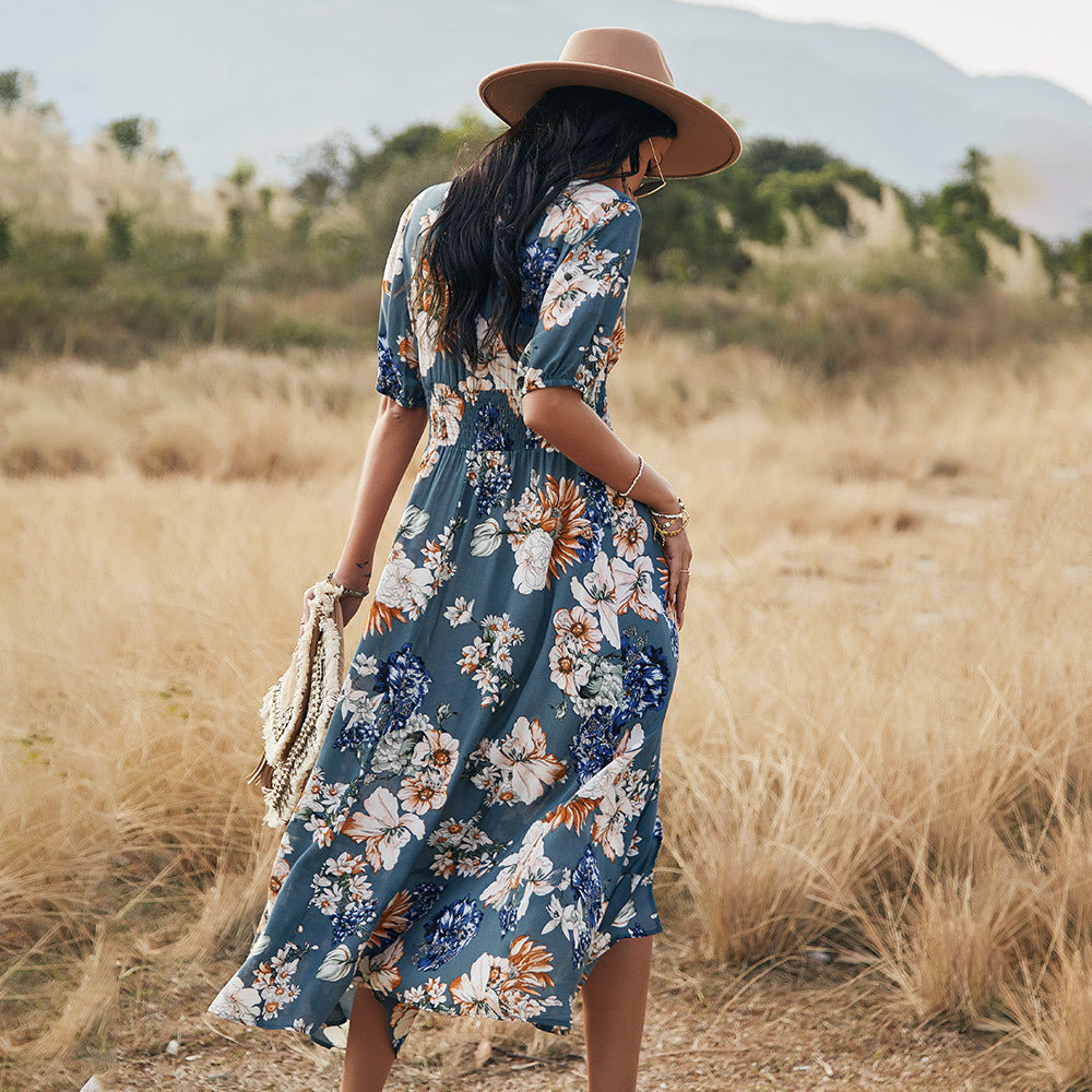 Sandra – Floral Sommer Strandkleid mit V-Ausschnitt und elastischem Bund