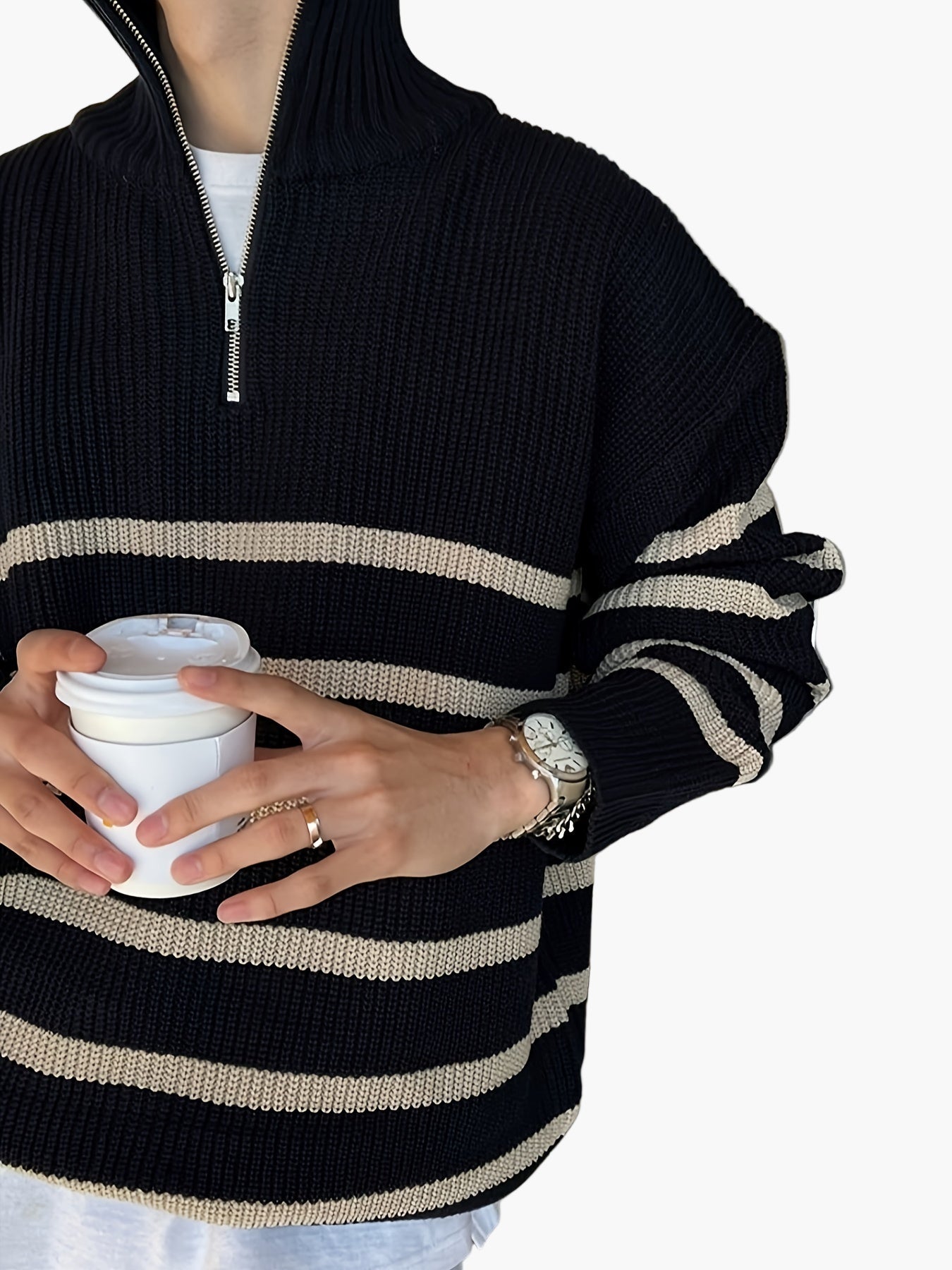 Herren Strickpullover mit Reißverschluss, gestreifter Casual Look für Herbst und Winter
