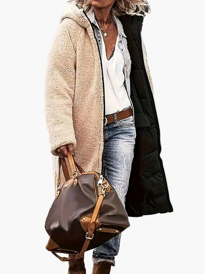 Women's Long Quilted Jacket with Hood and Teddy Lining – Fashionable Winter Coat for Leisure and Travel