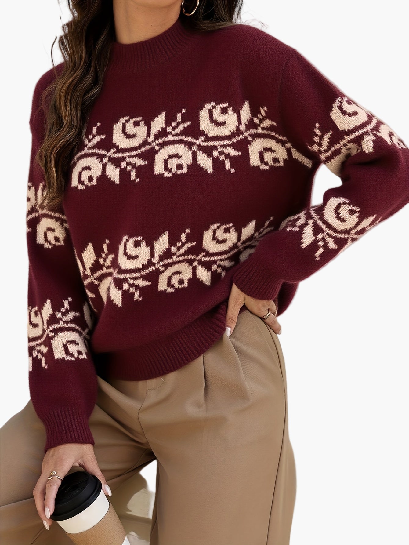 Damen Jacquard Pullover mit Blumenmuster – Eleganter Herbst/Winter Strickpullover