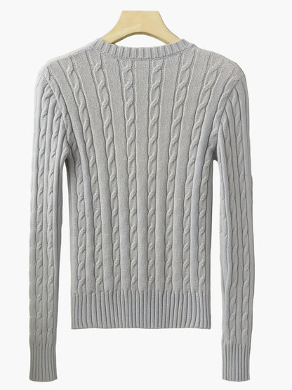 Damen Strickpullover mit Zopfmuster und V-Ausschnitt – Modischer Freizeitpullover für Alltag und Büro