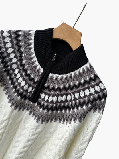 Men's sweater in Norwegian style with cable knit pattern and stand-up collar – Casual winter knit sweater with quarter zipper