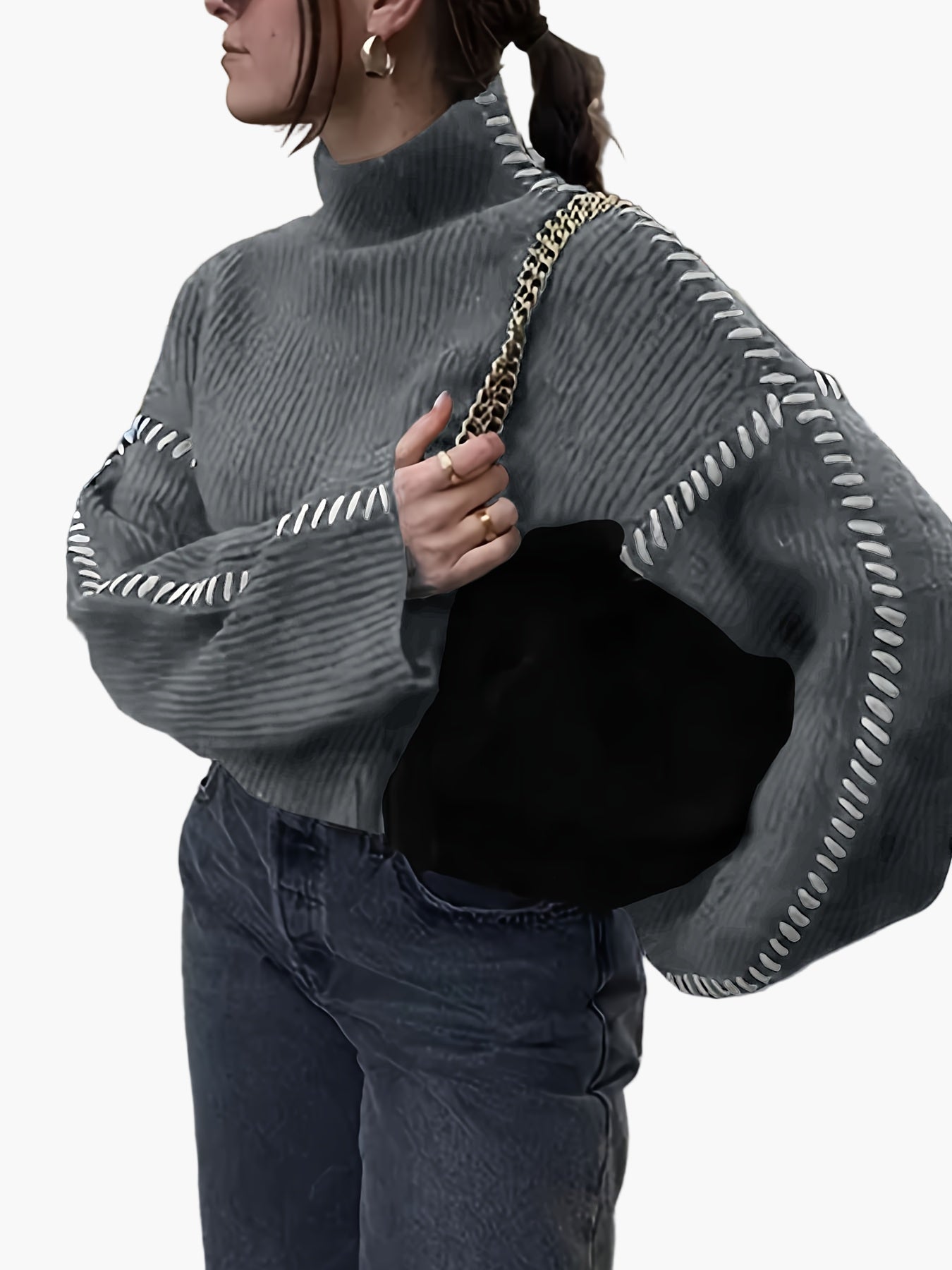 Damen Modischer Pullover mit Hochkragen und Akzent-Naht – Stilvoller Statement-Strick für Herbst & Winter