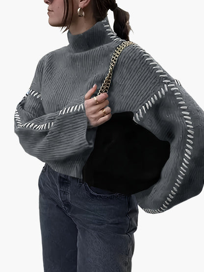 Damen Modischer Pullover mit Hochkragen und Akzent-Naht – Stilvoller Statement-Strick für Herbst & Winter