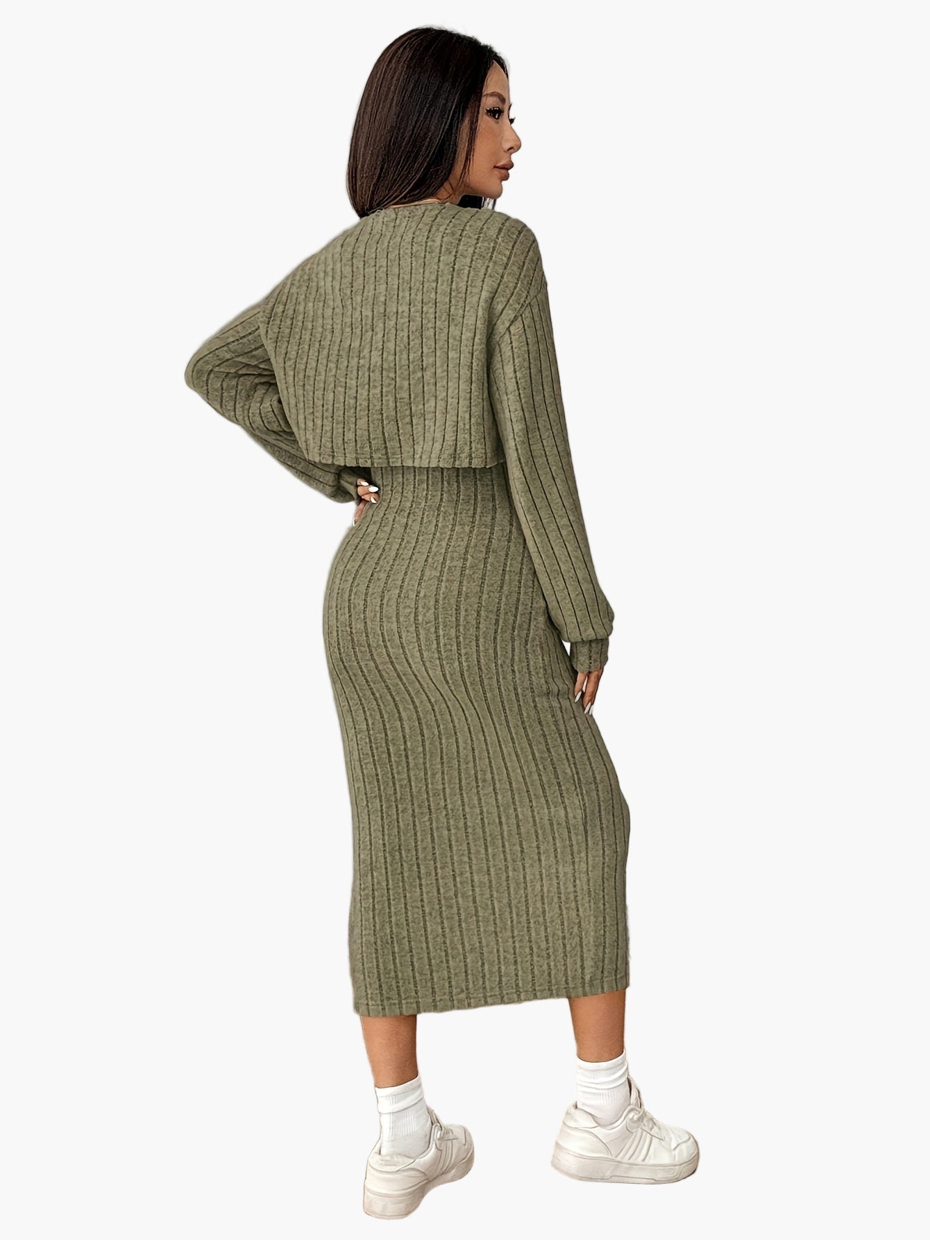 Women's Knit Two-Piece Set Elegant with Button Placket – Cardigan and Midi Dress, Perfect for Everyday and Office