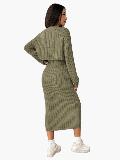 Women's Knit Two-Piece Set Elegant with Button Placket – Cardigan and Midi Dress, Perfect for Everyday and Office