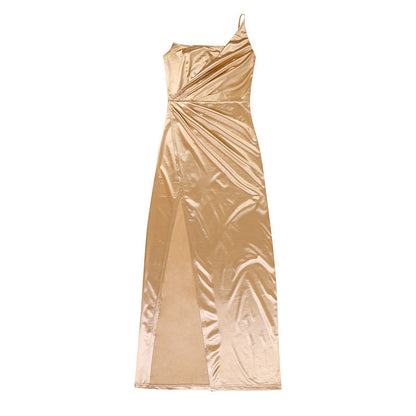 Margaret – Woven Single Shoulder Fishbone Waistband Slit Dress für Damen