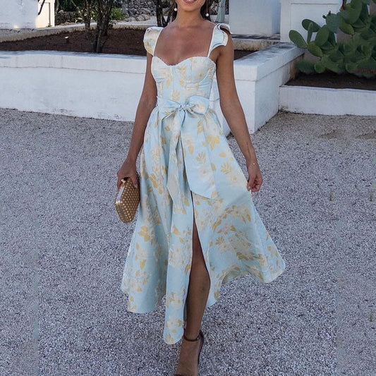 Sue – Modisches Blumendruck Französisches Retro Taillen-Trägerkleid