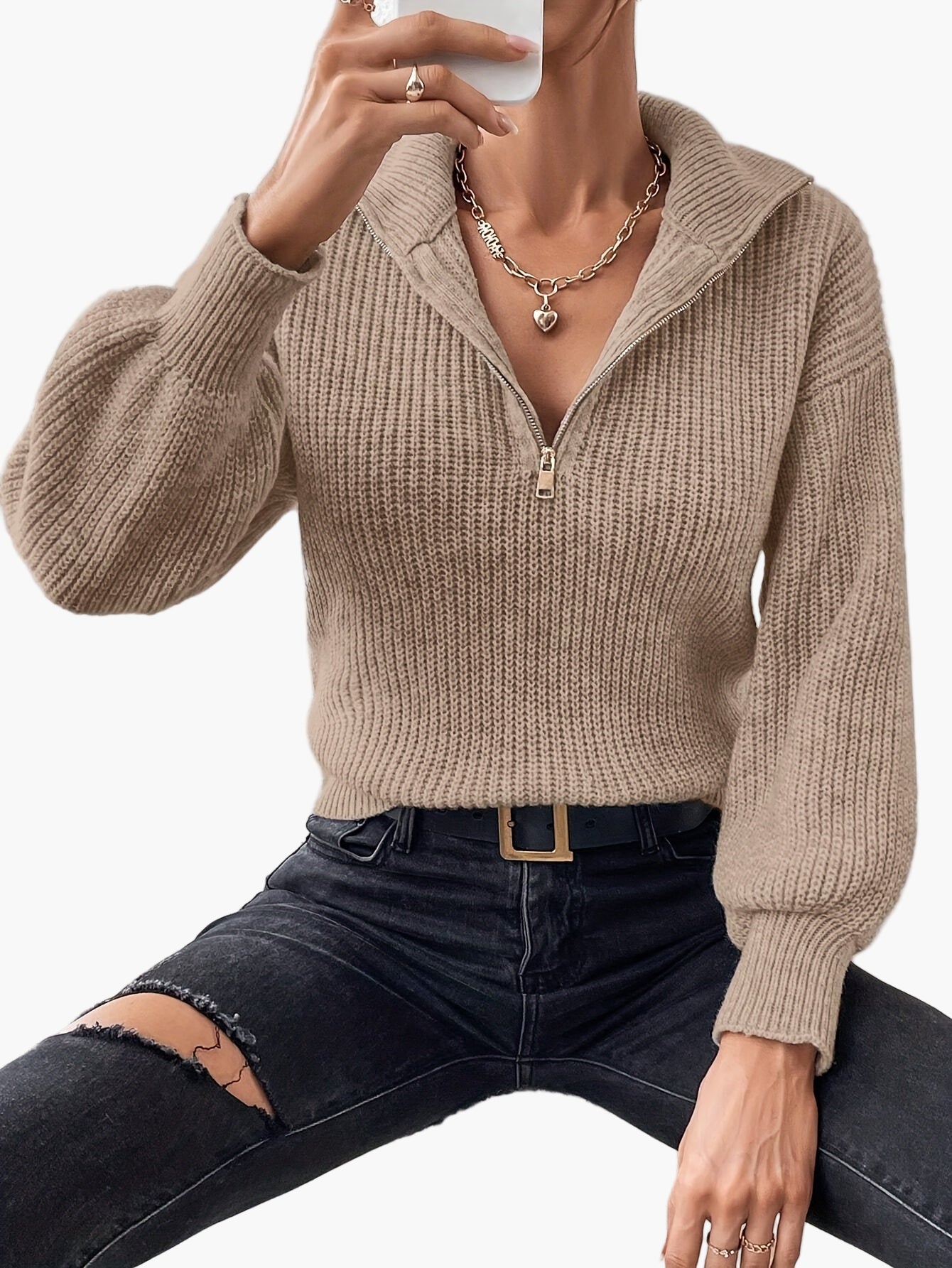 Damen Strickpullover mit Reißverschluss und Ballonärmeln – Eleganter Freizeit-Look