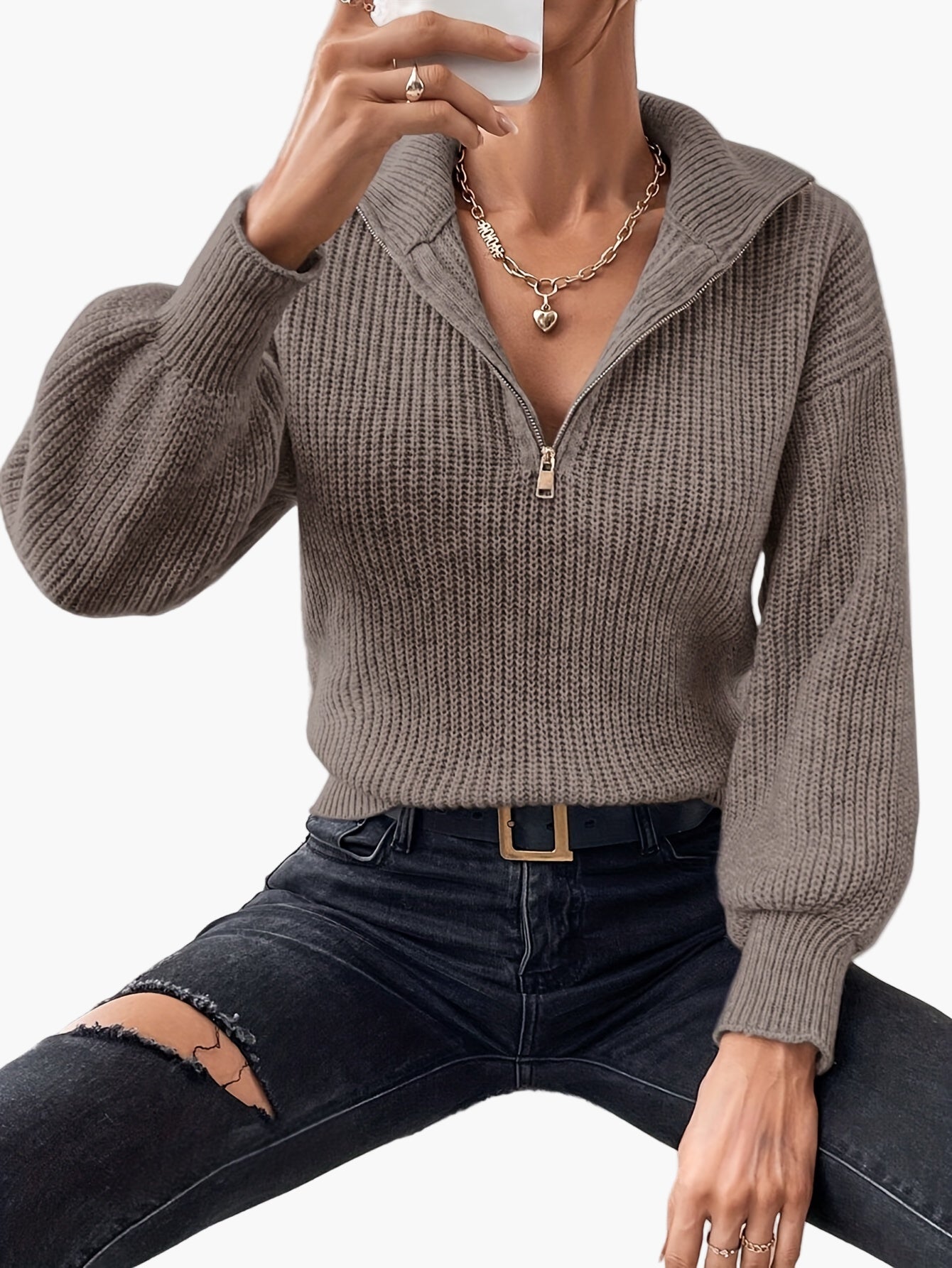 Damen Strickpullover mit Reißverschluss und Ballonärmeln – Eleganter Freizeit-Look
