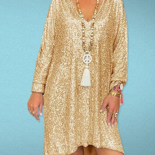 Lauren – Casual, solid color, loose sweater dress with sequins and V-neckline