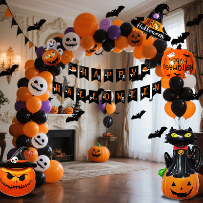 Halloween Balloon Decoration Set for Kids & Adults – Spooky Party Decoration with Pumpkin, Cat & Skeleton