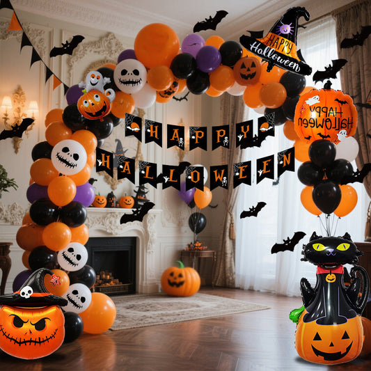 Halloween Balloon Decoration Set for Kids & Adults – Spooky Party Decoration with Pumpkin, Cat & Skeleton