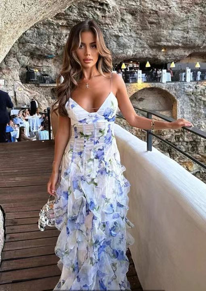 Damen Elegantes Maxikleid mit Blumen und Volants – Perfekt für besondere Anlässe und Abendveranstaltungen