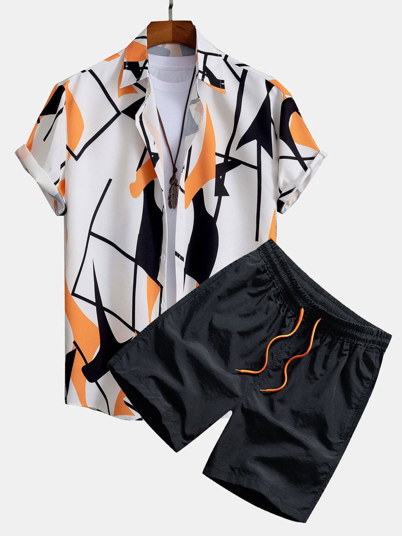 Herren Sommer Freizeit Zweiteiler mit Abstraktem Print – Modisches Kurzarmhemd & Shorts Set für Urlaub und Alltag