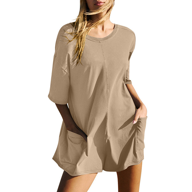Susan – Lässiger kurzer Jumpsuit mit Taschen und Rundhalsausschnitt für Damen