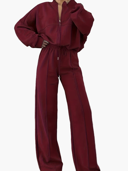 Damen Freizeit-Zweiteiler mit Reißverschluss und weitem Bein – Lässig & Bequem für Alltag oder Reise