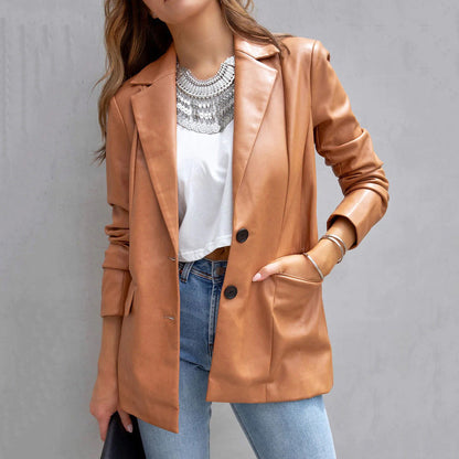 Diana – Langärmeliger Cardigan-Mantel aus veganem Leder für Frauen