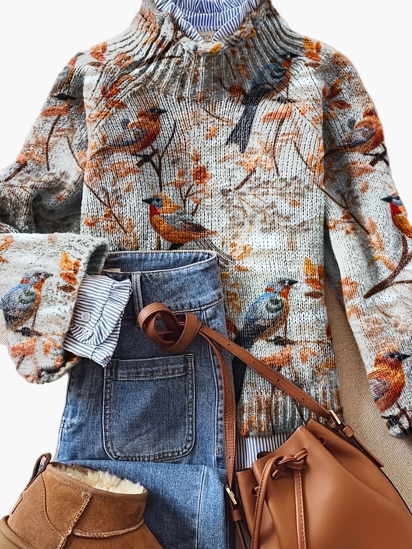 Damen Pullover mit Vogelmotiv und hohem Kragen – Eleganter Strickpullover für Herbst und Winter