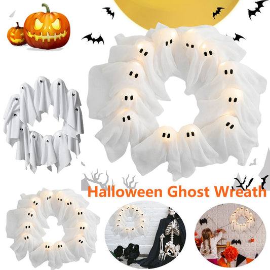 Halloween ghost wreath for decoration – LED light wreath for Halloween party & spooky atmosphere