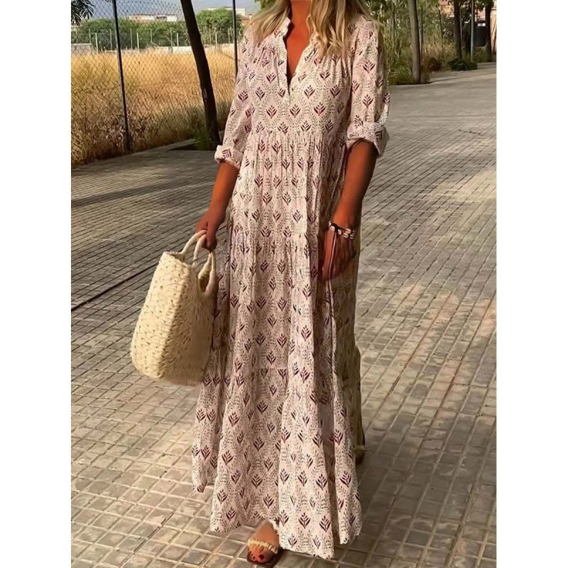 Damen Boho Maxikleid mit Hemdkragen und Falten – Sommer Freizeitkleid für Urlaub & Alltag