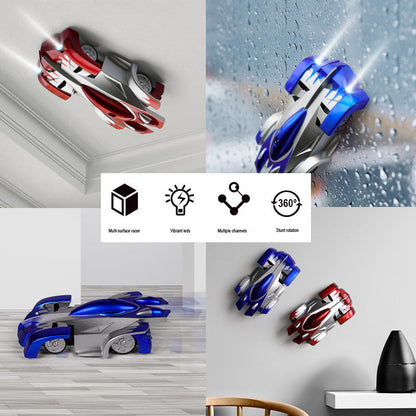 Remote-controlled wall and floor vehicle for children and adults – stunt car with LED light and 360° rotation