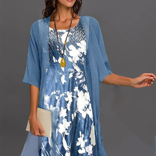 Damen Elegantes Zweiteiliges Chiffon A-Linien Midikleid Set Festlich & Alltag