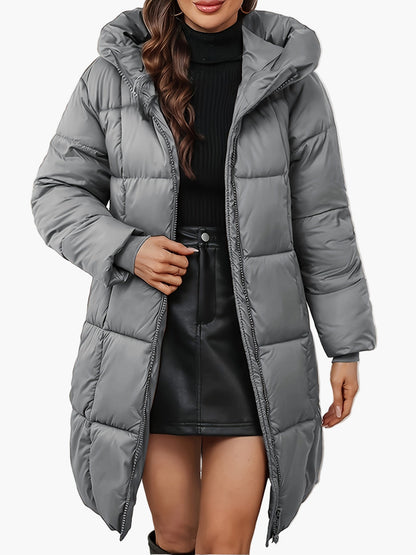 Women's winter quilted coat with hood, fashionable long parka for everyday and outdoor use