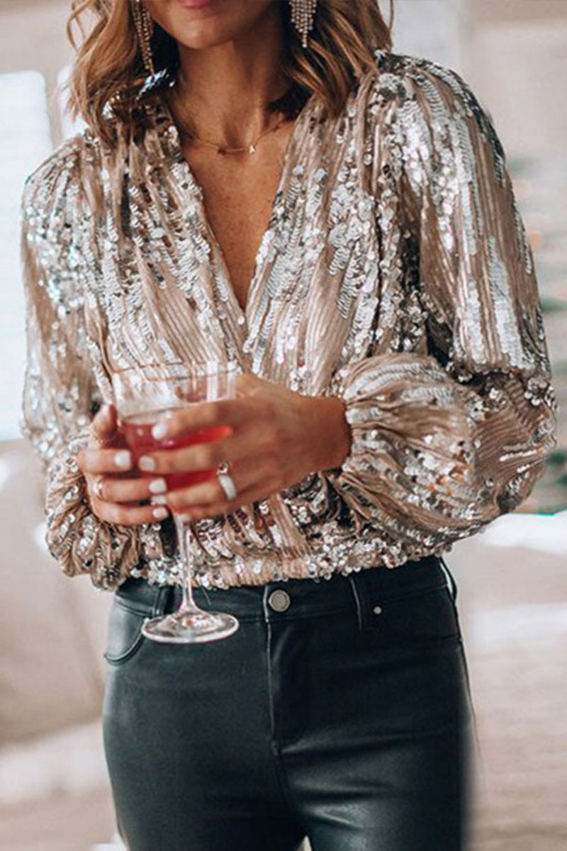 Damen Pailletten Bluse im Vintage-Stil – Elegante Party- und Abendmode
