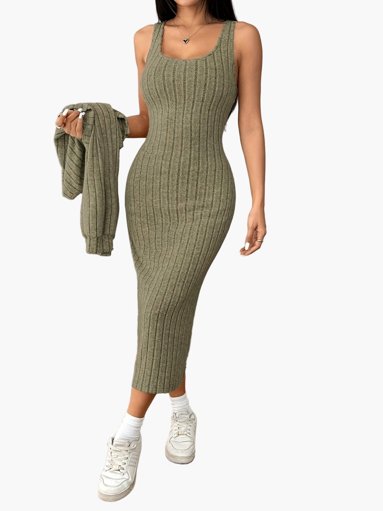 Women's Knit Two-Piece Set Elegant with Button Placket – Cardigan and Midi Dress, Perfect for Everyday and Office