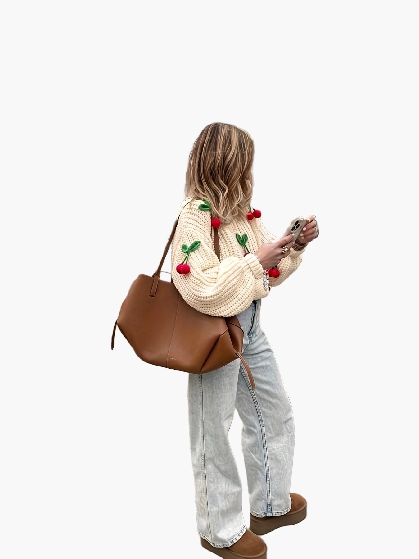 Damen Strickpullover mit Kirschen-Stickerei und Ballonärmeln – Verspielter Herbst/Winter Casual Look