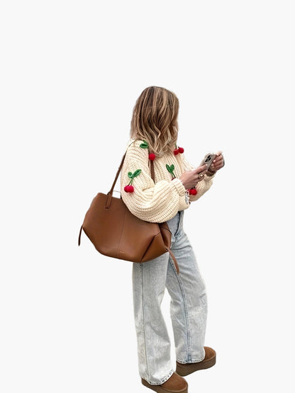 Damen Strickpullover mit Kirschen-Stickerei und Ballonärmeln – Verspielter Herbst/Winter Casual Look