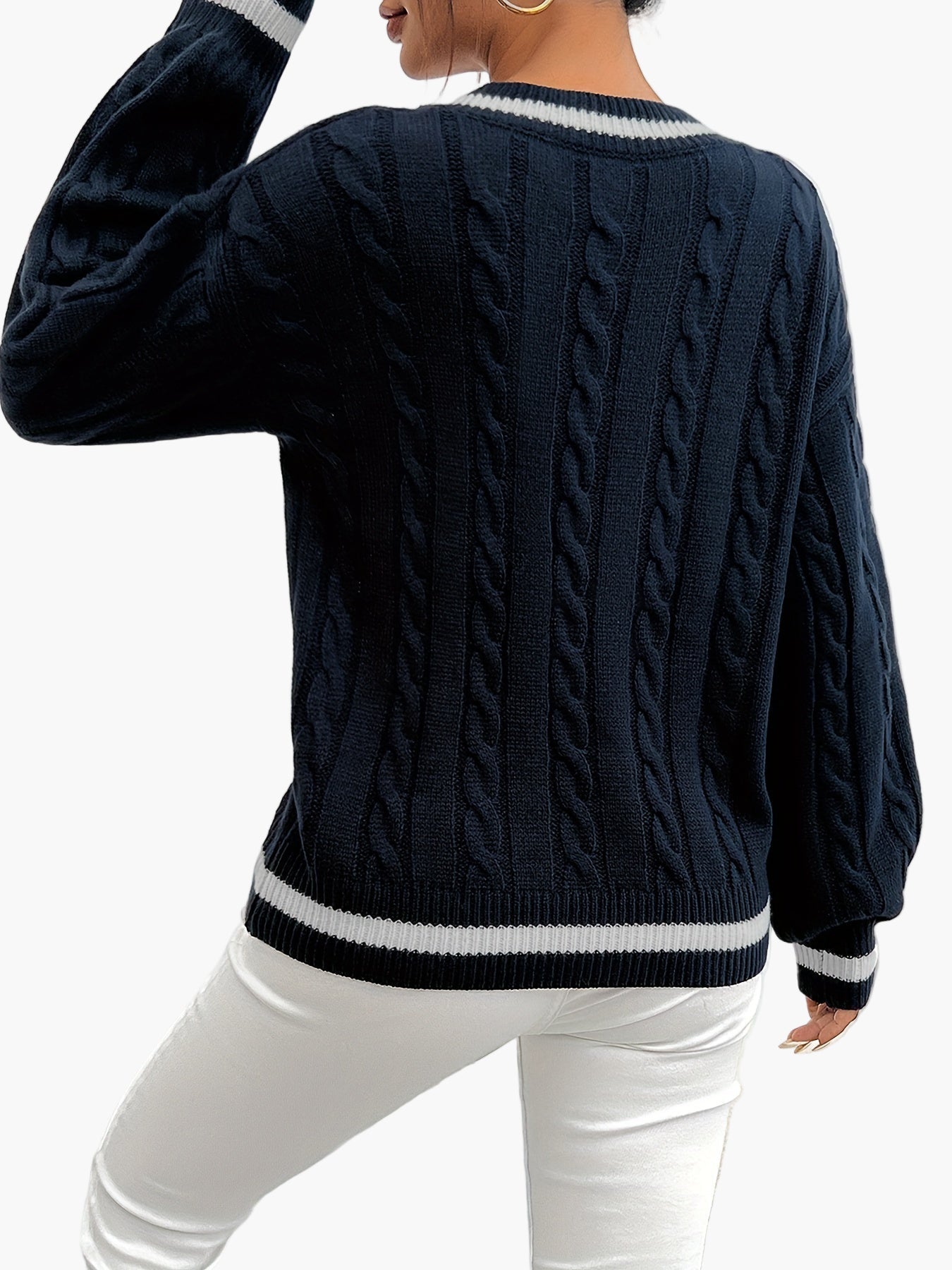 Damen Eleganter Strickpullover mit V-Ausschnitt und Zopfmuster – Perfekt für Büro & Freizeit