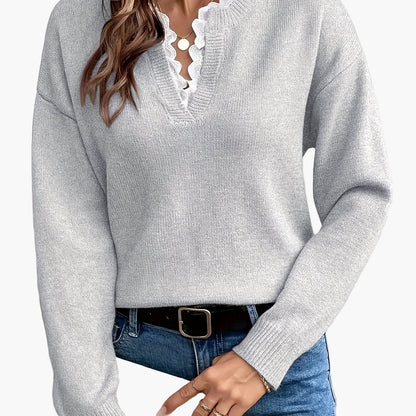 Damen Eleganter Strickpullover mit Spitzenbesatz und V-Ausschnitt – Ideal für Alltag und Büro