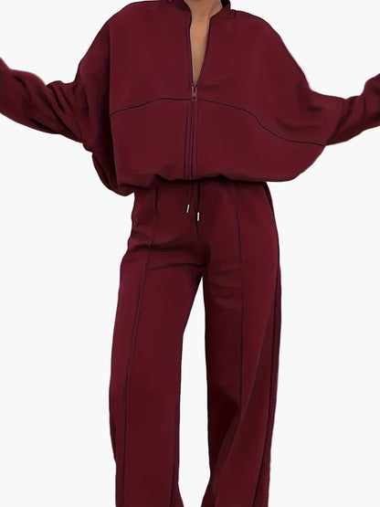 Damen Freizeit-Zweiteiler mit Reißverschluss und weitem Bein – Lässig & Bequem für Alltag oder Reise