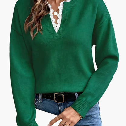 Damen Eleganter Strickpullover mit Spitzenbesatz und V-Ausschnitt – Ideal für Alltag und Büro