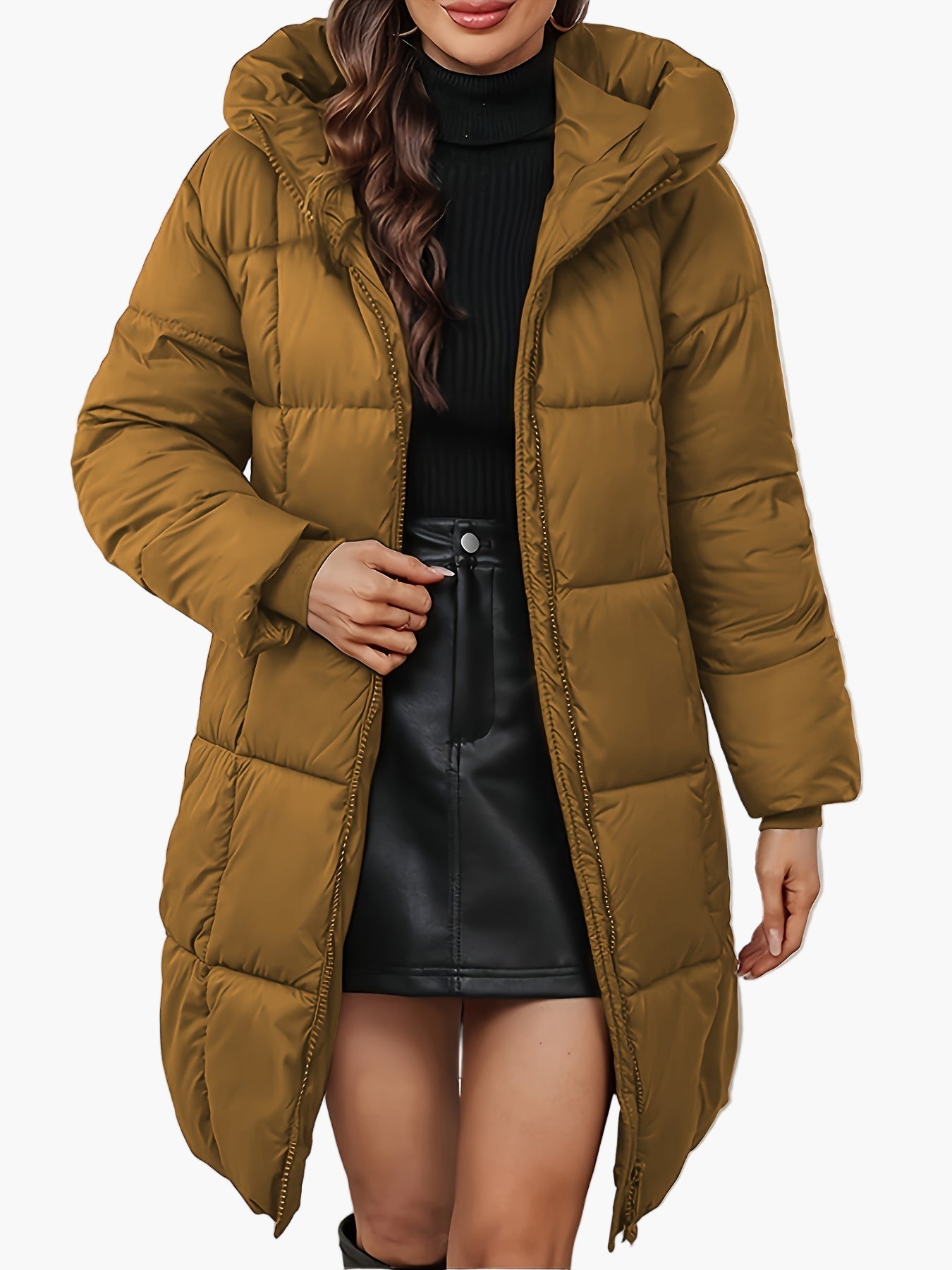 Women's winter quilted coat with hood, fashionable long parka for everyday and outdoor use