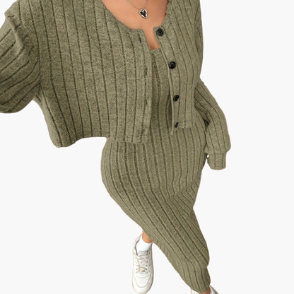 Women's Knit Two-Piece Set Elegant with Button Placket – Cardigan and Midi Dress, Perfect for Everyday and Office