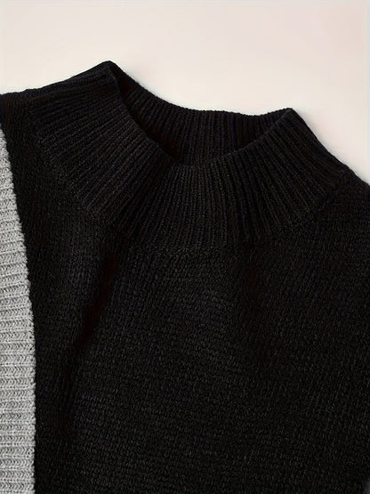 Damen Pullover im Patchwork-Design mit hohem Kragen – Eleganter Strickpullover für Alltag und Büro