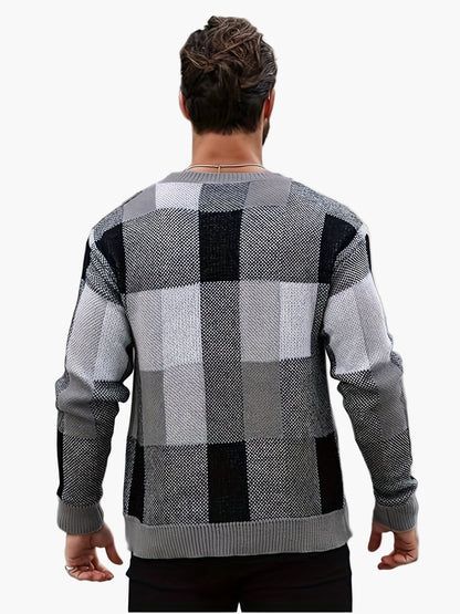 Men's Plaid Knit Sweater in Casual Style for Autumn and Winter