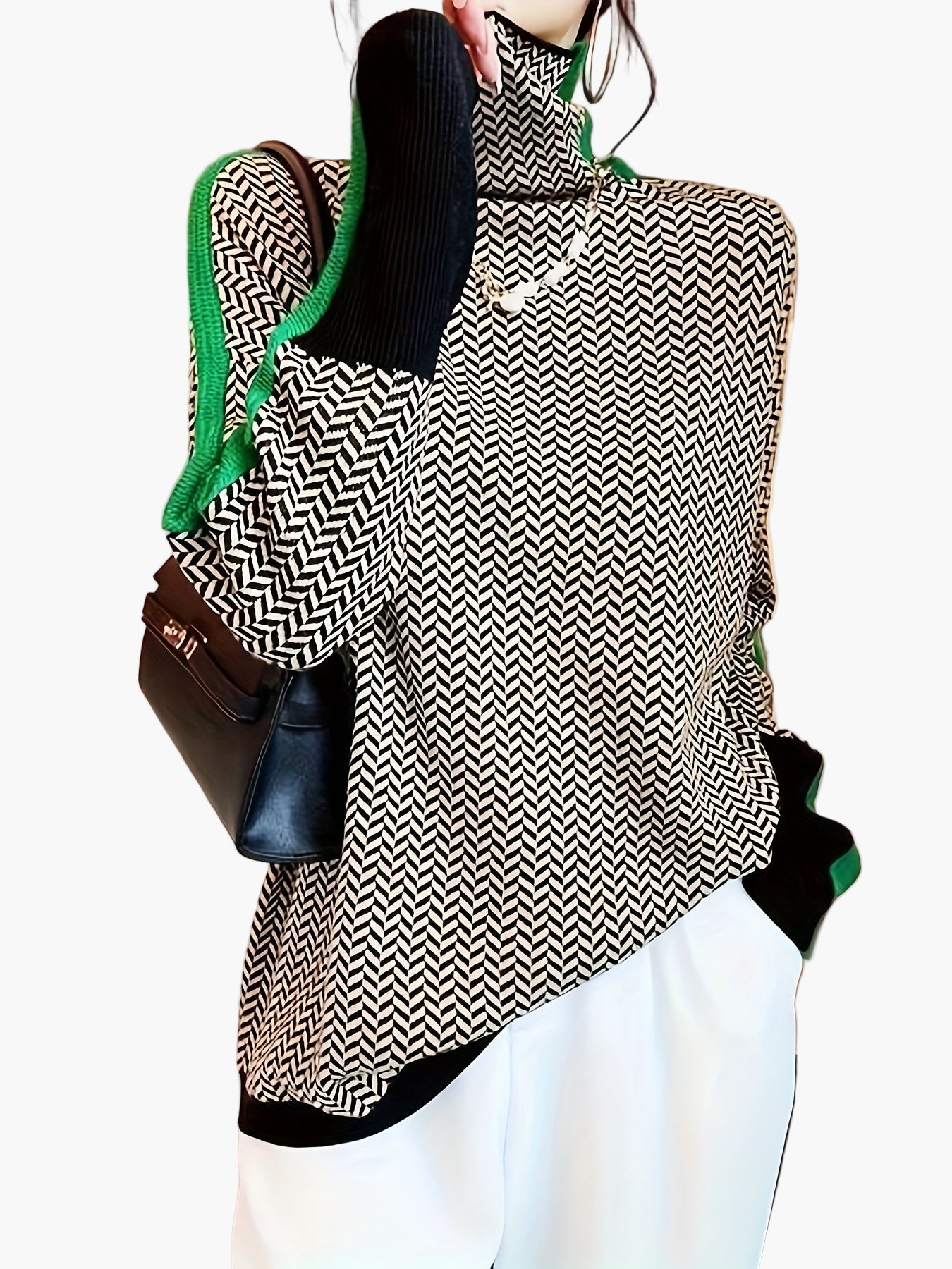 Damen Pullover mit Stehkragen und modernem Zickzackmuster – Eleganter Strickpulli für Herbst & Winter